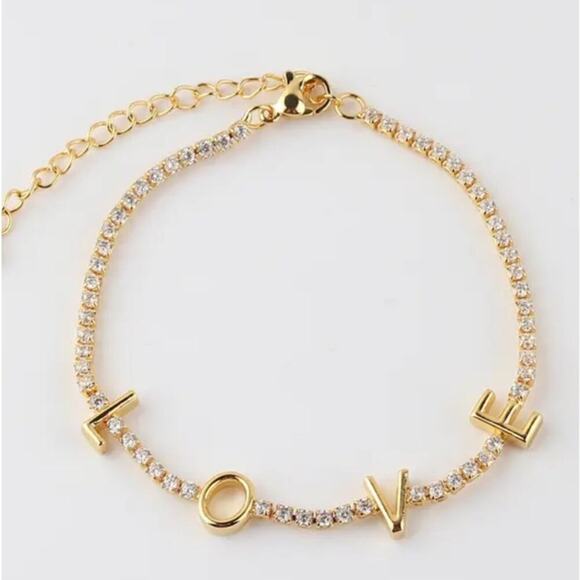 Gold Cubic Zircon Love Letter Bracelet Tennis Minimalist - Picture 1 of 2